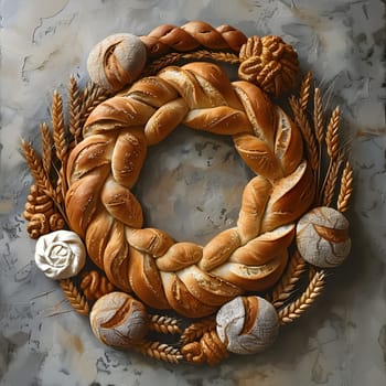 An artful Christmas decoration composed of natural materials like bread and wheat, arranged in a wreath fashion on a wooden table