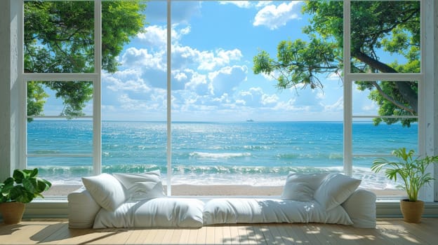 Bedroom with white bedding and big window close to the sea.