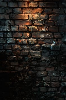 A brown brick wall illuminated by a bright light, highlighting the woodlike texture of the brickwork with tints and shades of darkness