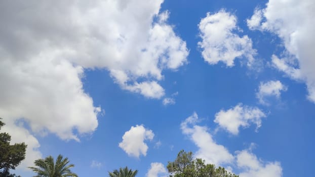 blue sky, white clouds background spring nature weather atmosphere. High quality photo