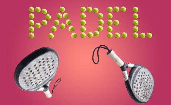 Background of padel racket and ball on artificial Top view. High quality photo