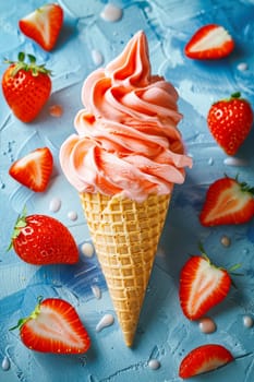 Strawberry ice cream and strawberries on blue background.