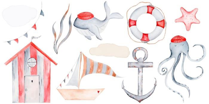 Marine cartoon watercolor set. Hand drawn drawings of nautical creatures and objects. House, octopus, flags, whale, seaweed, boat with sail, lifebuoy and starfish. Clip art in soft pastel colors on an isolated white background. For invitations and cards for baby shower and birthday