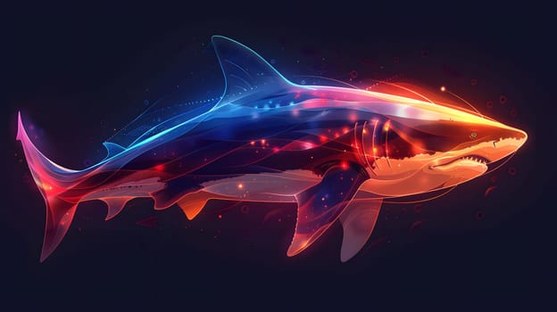 A vibrant shark with its distinctive fin is gliding gracefully through the dim underwater world of the ocean, showcasing the beauty of marine biology and the mysteries of cartilaginous fish