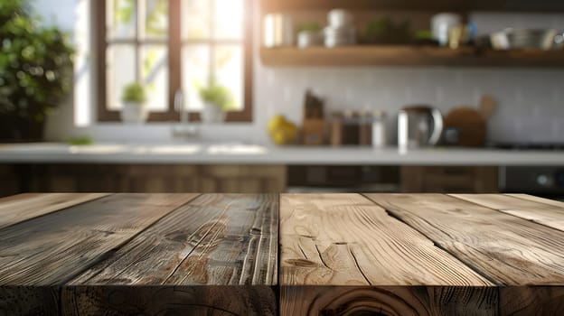 In the foreground, a wooden table stands with a kitchen in the background featuring cabinetry, countertop, and a window. The floor and flooring display a wood stain aesthetic