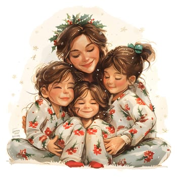 A woman with a smile on her face is hugging three children in vintage Christmas pajamas. The happy gesture is a heartwarming greeting for the festive event on Christmas Eve