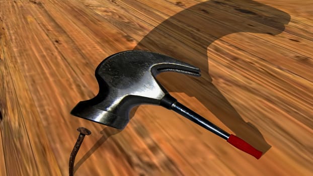 Hammer with nail puller on wooden floor. Hand tool.