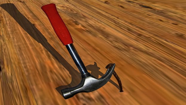 Hammer with nail puller on wooden floor. Hand tool.