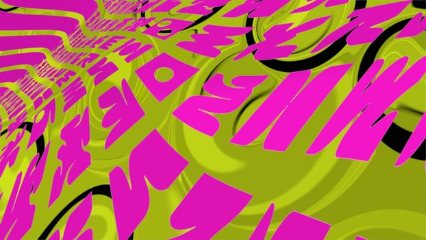 Abstract illustration, pink lettering on a light green background.