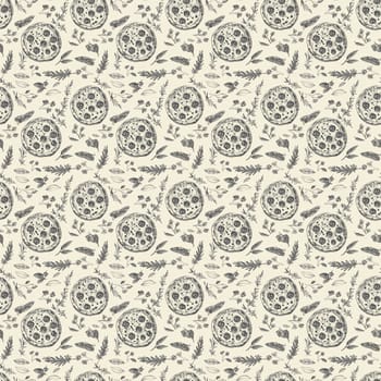 Seamless pattern with pizza, tomatoes, cheese, and herbs. Ideal for restaurant menus or food-themed backgrounds.