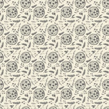 Seamless pattern with pizza, tomatoes, cheese, and herbs. Ideal for restaurant menus or food-themed backgrounds.