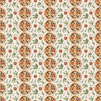 Seamless food pattern featuring whole pizzas, sliced tomatoes, and green basil leaves on light background, perfect for wallpaper or fabric design.