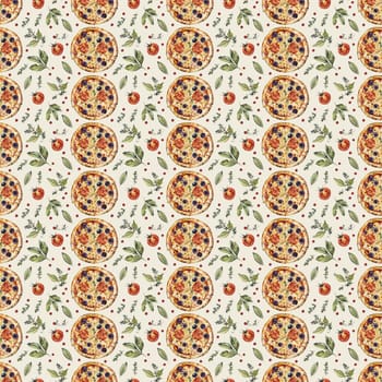 Seamless food pattern featuring whole pizzas, sliced tomatoes, and green basil leaves on light background, perfect for wallpaper or fabric design.