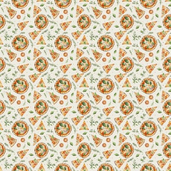 Seamless pattern of Italian pizza slices with herbs and spices scattered on white background, perfect for menu background or fabric print.