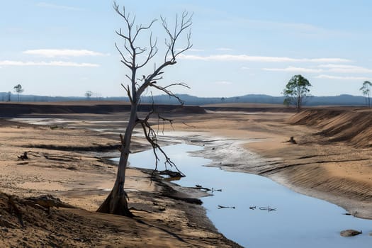 Stark image of a single leafless tree beside drying riverbed reflects environmental conditions and isolation in barren terrain