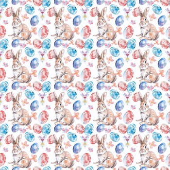 Colorful Easter pattern featuring painted bunnies, eggs, and spring flowers ideal for seasonal decorations and backgrounds.