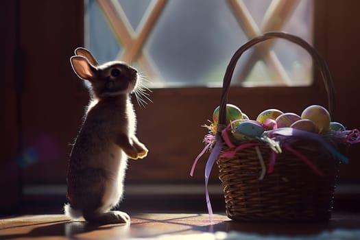Adorable rabbit standing on hind legs indoors near wicker basket filled with colorful Easter eggs, symbolizing springtime celebration.