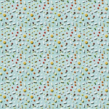 Seamless texture of assorted colorful pills and capsules on blue background for health and medicine concepts.