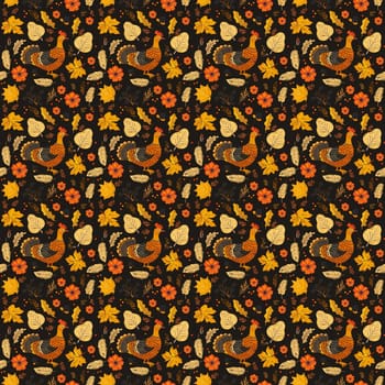 Seamless autumn design featuring colorful pheasants amidst vibrant fall leaves, perfect for seasonal decor and textiles.