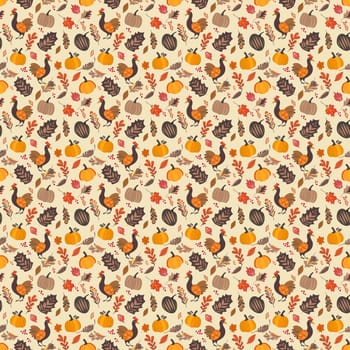 Seamless autumn pattern featuring pumpkins, leaves, acorns, and fall colors ideal for seasonal decor or Thanksgiving backgrounds.