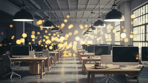 A large open office space with many computer monitors and a lot of light. The room is filled with a lot of light and the atmosphere is bright and energetic