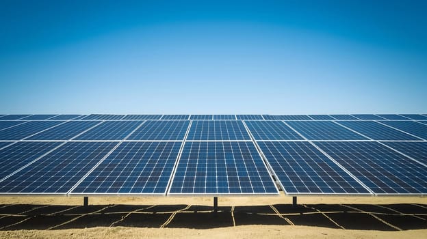 Endless row of solar panels under blue sky, symbolizing renewable energy, sustainability, and environmental conservation.