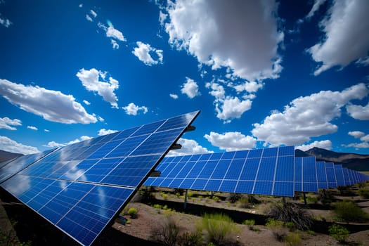 Solar panels stretch across arid landscape harnessing sustainable energy from sun beneath clear blue sky.
