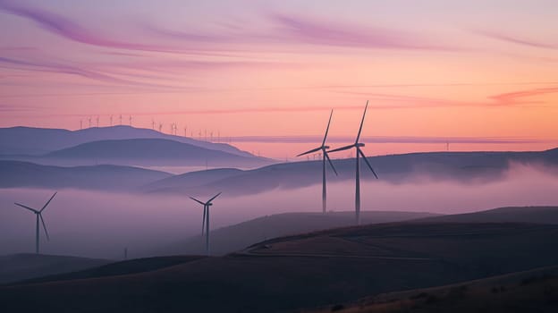 Renewable wind power generation in scenic foggy landscape during colorful sunrise showcases sustainable energy and environmental conservation.