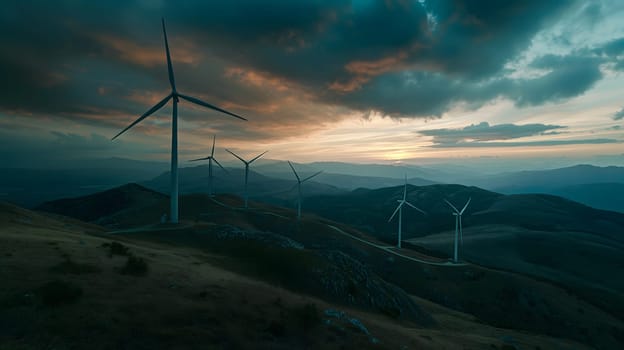 Sustainable energy concept with wind turbines on rolling hills during beautiful sunset, symbolizing alternative power and environmental conservation.