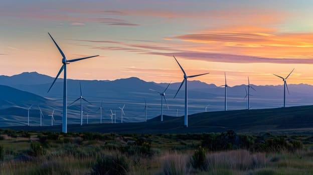 Renewable energy concept with wind turbines standing in natural landscape during golden hour beneath dramatic sunset sky.