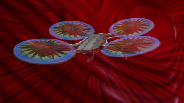 A flying drone with rotating blades on a red background.