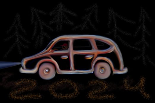 Car against the background of the forest. On the ground is the inscription of the year 2024.