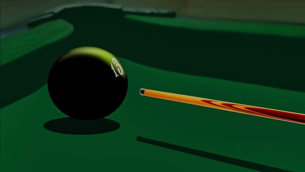 Attributes for playing billiards, ball on the table and cue.