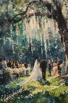 An art piece depicting a bride and groom walking down the aisle at their wedding, set against a natural landscape with flowing streams, lush greenery, and wooden trunks