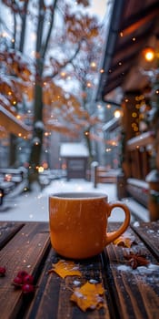 A coffee cup is placed on a wooden table, contrasting against the snowy background. The tableware provides a warm touch to the wintry scene