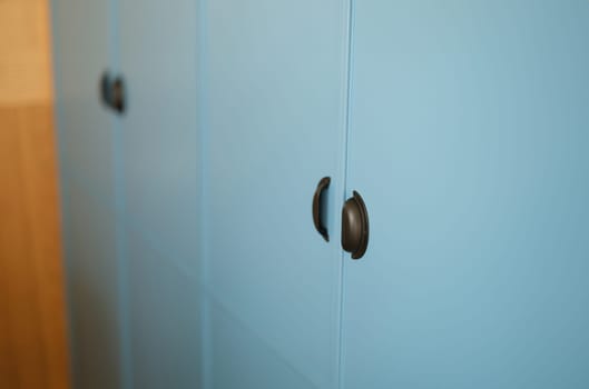 Blue sliding wardrobe with stylish reliable black handles for opening and closing. Modern black furniture handles concept