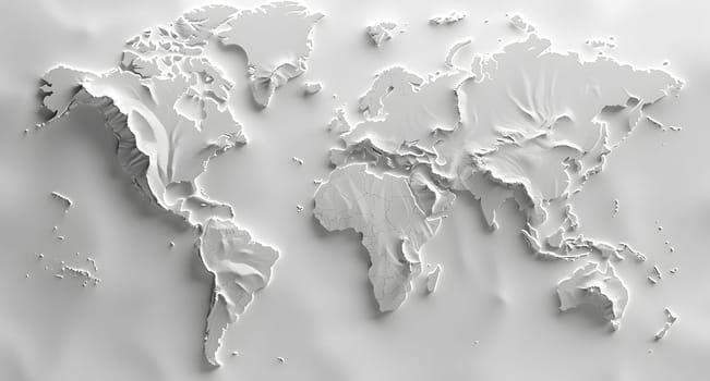 A closeup monochrome photograph of a white map of the world carved into a wall. The detailed macro photography captures the freezing landscape in a scientific event