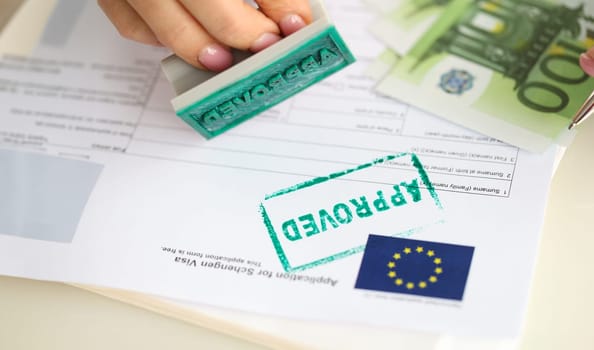 Approved EU visa application and cash euro banknotes. Obtaining visa to Europe and moving to European country