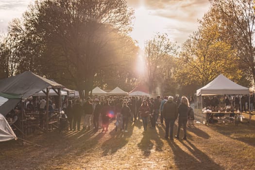 Milan, Italy 1 April 2024: A vibrant sunset rave party in a park, showcasing energetic silhouettes dancing.