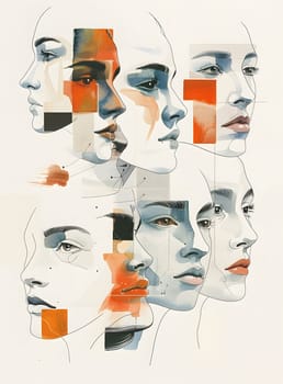 An art piece displaying various facial expressions of a woman, focusing on her nose, cheeks, chin, eyebrows, mouth, and jaw. The gestures capture a range of emotions, creating a captivating portrait