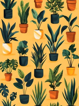 A creative arts piece featuring a seamless pattern of various houseplants in flowerpots on a vibrant yellow background, showcasing different terrestrial plants and flowering plants