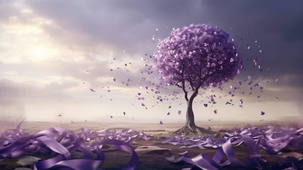 Tree with lavender purple ribbons, informing about international Alzheimer's day in September, remember what we forgot, memory problems, Generated AI