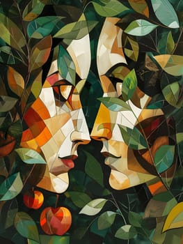 A creative arts painting featuring two people looking at each other amidst a backdrop of leaves and apples. The illustration is filled with intricate patterns and vibrant colors