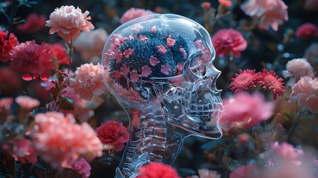 a skull with flowers inside of it is surrounded by flowers. High quality photo