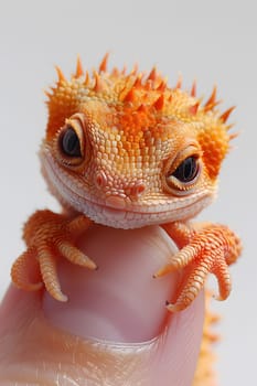 A person is holding a tiny, orange scaled reptile in their hand, resembling a miniature iguana. The small lizard looks like a toy in their palm, perfect for macro photography