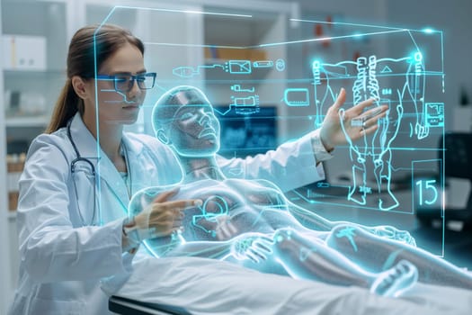 Focused female healthcare professional using high-tech diagnostics to examine male patient in medical setting with futuristic interface. Generative AI