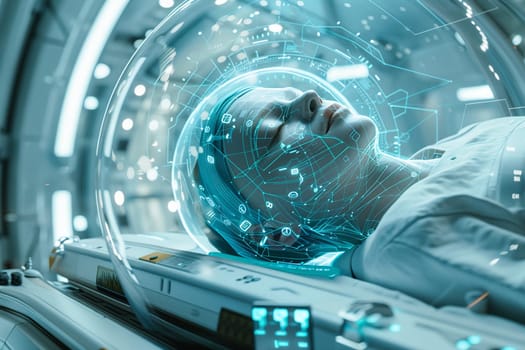 Patient undergoing advanced medical scan with futuristic technology and digital interface overlay in clinical setting. Concept of modern healthcare and diagnosis.