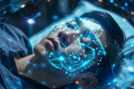 Patient undergoing sophisticated examination with futuristic medical technology surrounded by virtual reality interface. Generative AI