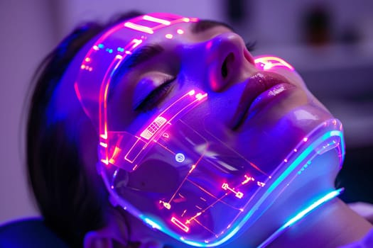 Close-up of patient undergoing examination using advanced medical equipment emitting colorful lights and futuristic technology. Generative AI