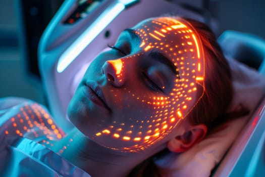 Closeup of young woman experiencing futuristic facial treatment with glowing patterns on skin. High-tech beauty concept. Generative AI